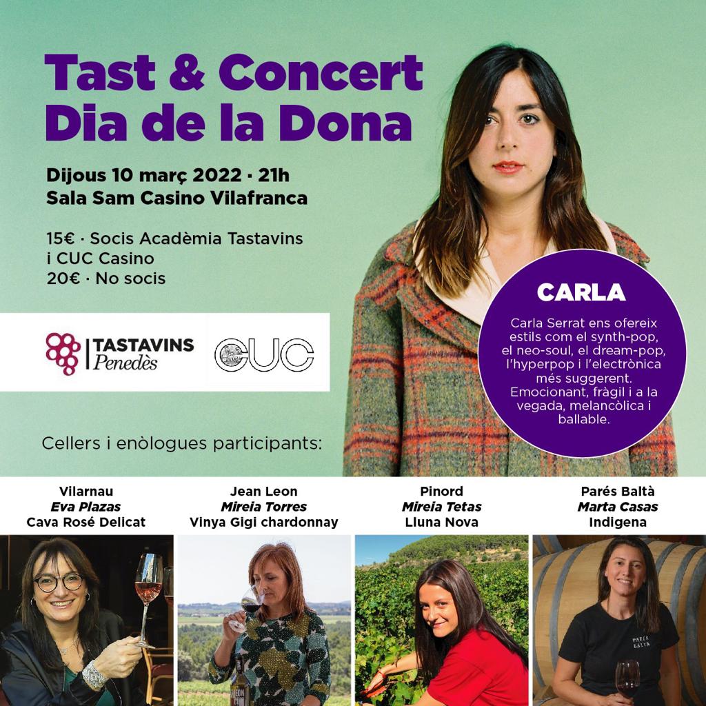Tastavins1965's tweet photo. 📢 Darreres entrades pel Tast &amp; Concert del Dia de la Dona que organitzem des de #TastavinsPenedes! 

Tast dirigit per 4 grans enòlogues del Penedès🍷 i l'actuació de @carla__music🎤.
🗓️ 10 de març a les 21h - Sala Sam Casino Vilafranca

Entrades ➡️ https://t.co/Mh4nha7NCX https://t.co/mVZng5mttS