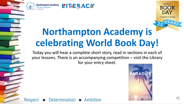 NA_English1's tweet photo. As part of @WorldBookDayUK and @northacad tradition, all students in Years 7-10 will hear the short story 'Paradise' in 5 sections across the day - don't forget to collect your competition sheet and #WorldBookDay £1 token from @NorthacadLib 📚💜 https://t.co/9spThdbr2P