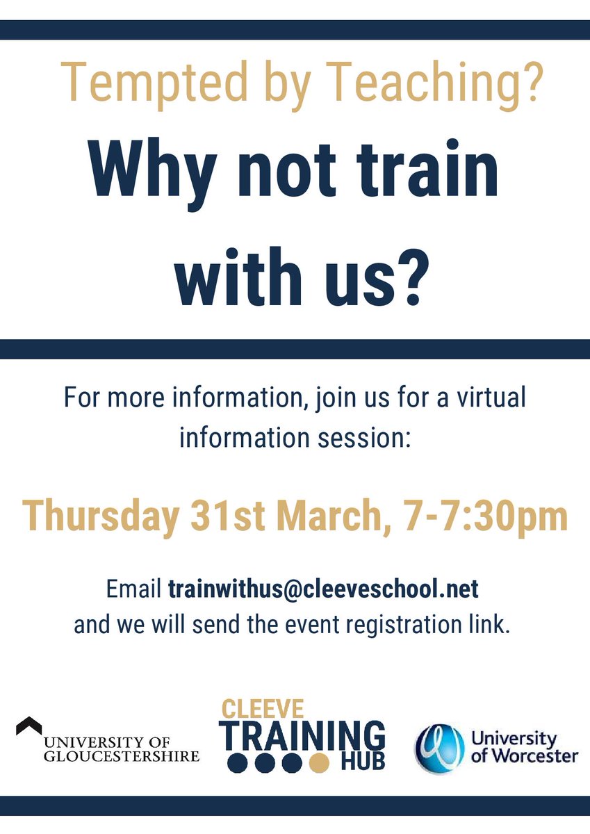 Train_At_Cleeve's tweet photo. We are hosting two events this month! If you are interested in teaching but want to know more, please sign up for one of our upcoming events.

To sign up for the Taster Day, please follow the link https://t.co/dpJX1X5dWD

Virtual session; email the address shown on the poster! https://t.co/DFjAZOXDNk