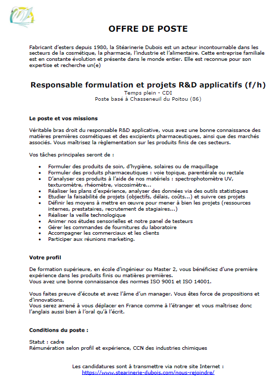 Vous cherchez un #emploi en #chimie ? 👩‍🔬👨‍🔬 

On a quelque chose pour vous! 
De la R&amp;D et formulation en #cosmétique et #pharmaceutique, ça vous tente ? 👀

📍Chasseneuil du Poitou (86)
🎓 #Ingénieur ou #Master 2 

Toutes les infos sont sur le document !👇