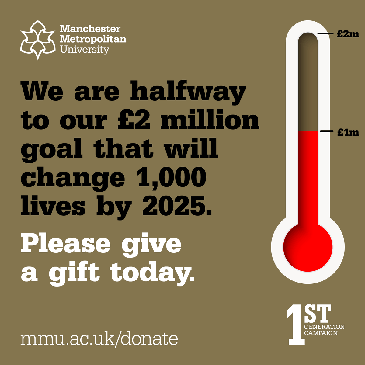 ManMetAlumni's tweet photo. We’re halfway to our fundraising target to support 1,000 First Generation Scholarships by 2025. Will you help us reach our goal? https://t.co/6qURKtM9SE

#FirstGeneration #Scholarhsip #Giving #ManMetUni #PleaseDonate #ManMetFirstGen https://t.co/GydBJwPt8X