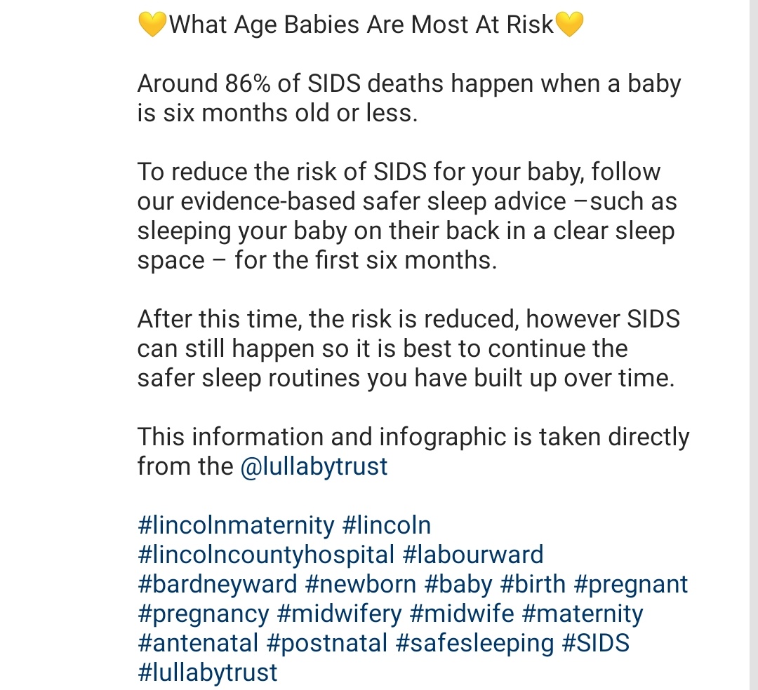 ULHT Lincoln Maternity (@ulhtmaternitylc) on Twitter photo 💛Sudden Infant Death Syndrome - SIDS💛
Sudden infant death syndrome (SIDS) is the sudden and unexpected death of a baby where no cause is found.
While SIDS is rare, it can still happen and there are steps you can take to help reduce the risk for your baby.
<a href="/LullabyTrust/">The Lullaby Trust</a> 💛Sudden Infant Death Syndrome - SIDS💛
Sudden infant death syndrome (SIDS) is the sudden and unexpected death of a baby where no cause is found.
While SIDS is rare, it can still happen and there are steps you can take to help reduce the risk for your baby.
<a href="/LullabyTrust/">The Lullaby Trust</a>