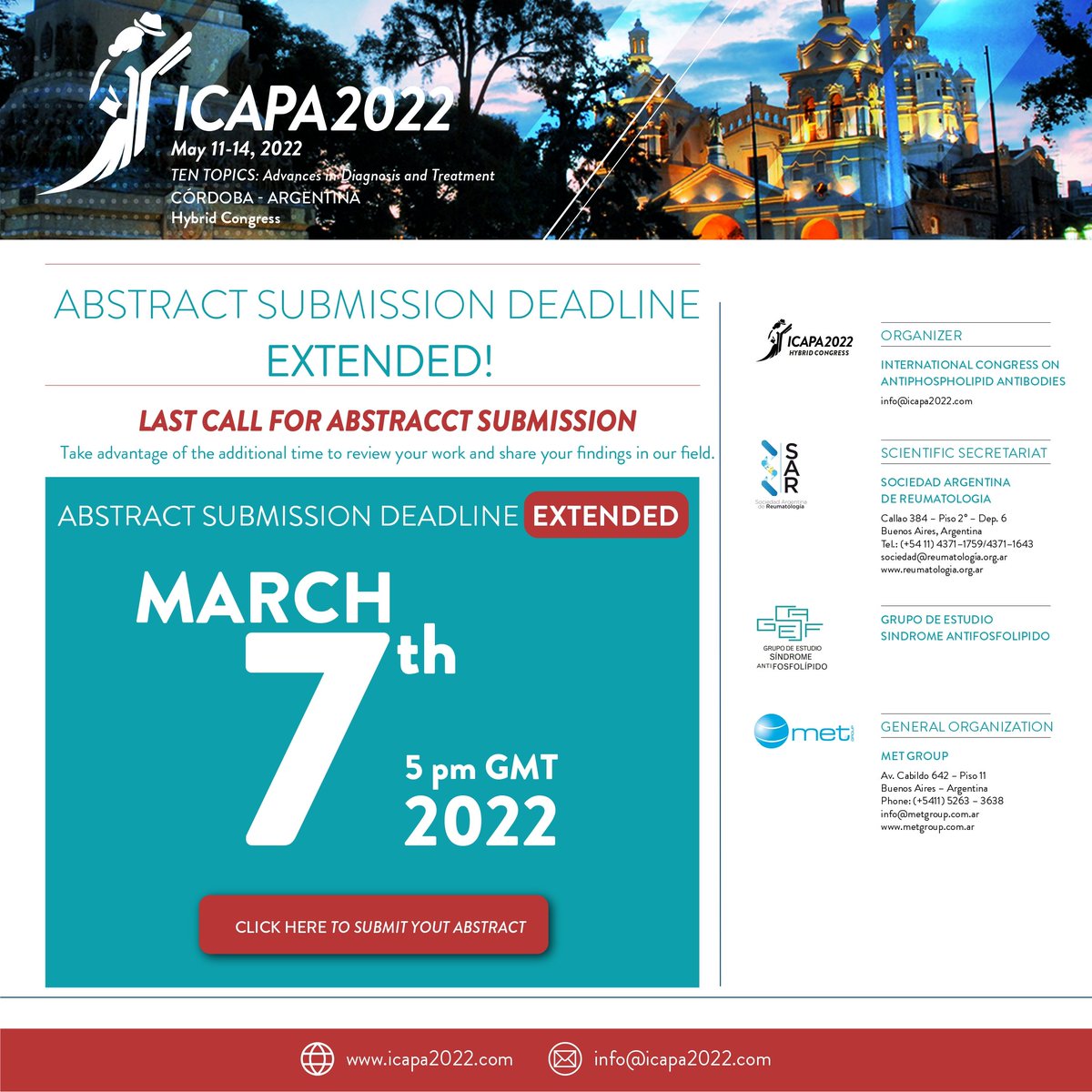 Lupusreference's tweet image. Don&apos;t miss the international congress on #antiphospholipid antibodies (#ICAPA2022) May 11-14 in Cordoba, Argentina.