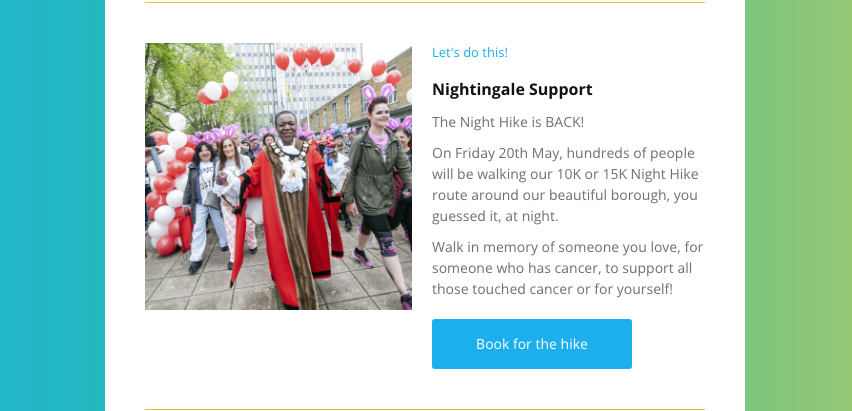 The Night #Hike is BACK! 

On Friday the 20th of May, walk in memory of someone you love, for someone who has cancer, to support all those touched cancer or for yourself!

You can learn more and book for the hike here in #EnfieldNewsRoundUp! - ow.ly/Wx6u50I8rwv