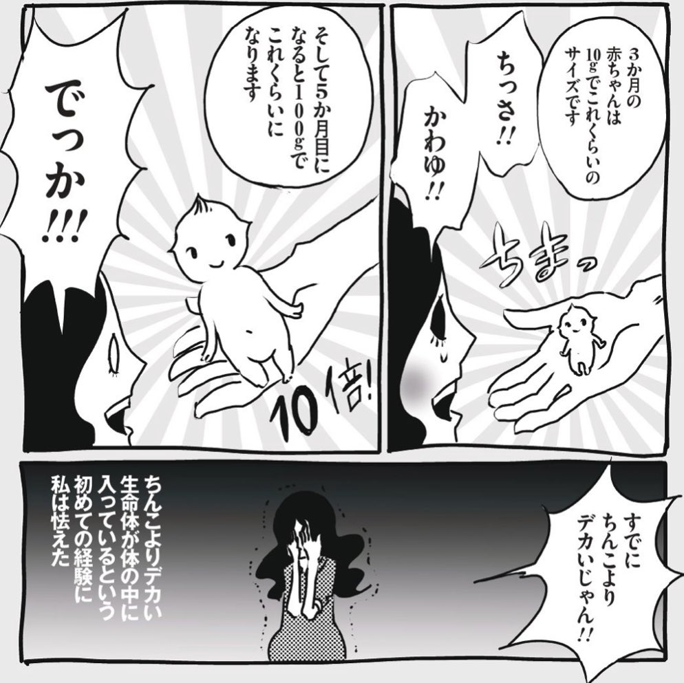育児漫画「チャラいヒゲ、子を育てる』最新話公開! 初めての母親学級、初めての胎動、そして五ヶ月目の胎児のサイズ感にすでに怯える私!!! https://t.co/mHoVtnnIqZ 