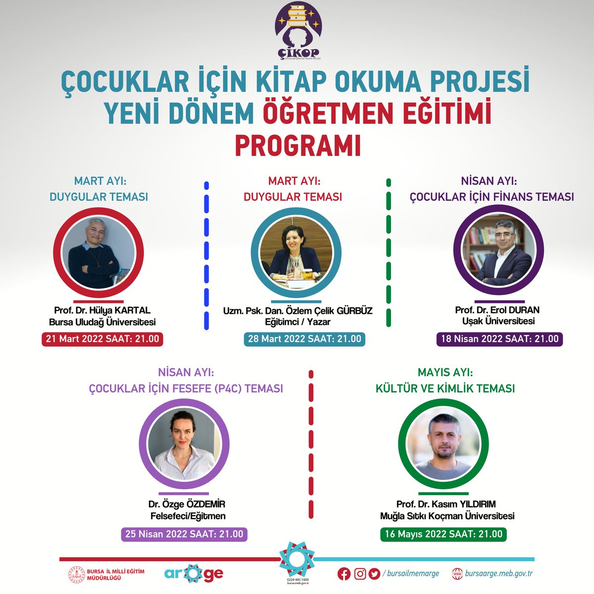 Çocuklar için Kitap Okuma Projesi Öğretmen Eğitimi (ÇİKOP) Yeni dönem öğretmen eğitimi programı yayınlanmıştır Eğitimler çevrimiçi olarak katılımcı öğretmenlerimiz ile devam edecektir.
@bursailmem @serkangur_ist @mahmut34979199