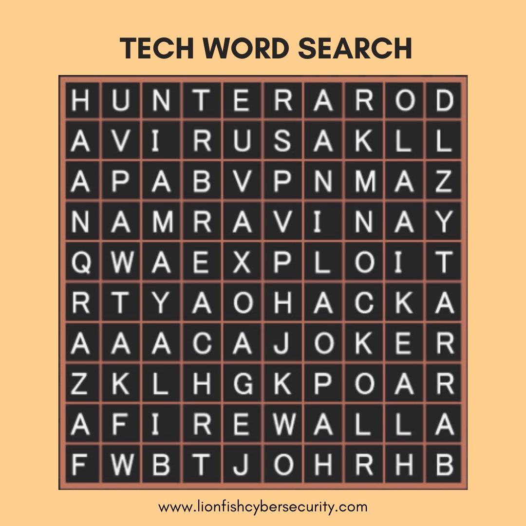 LionfishCyber's tweet image. Here&apos;s a fun Cyber Security themed word search puzzle for you. Comment down the first 3 words you see 👀🔍

#cybersecurity #techpuzzle #wordsearch #techword #itsecurity #technology #lionfishcybersecurity