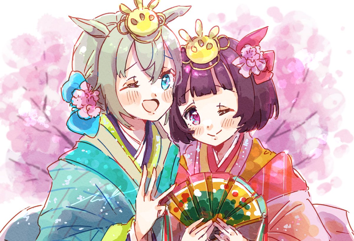 seiun sky (umamusume) multiple girls 2girls one eye closed japanese clothes horse ears kimono smile  illustration images