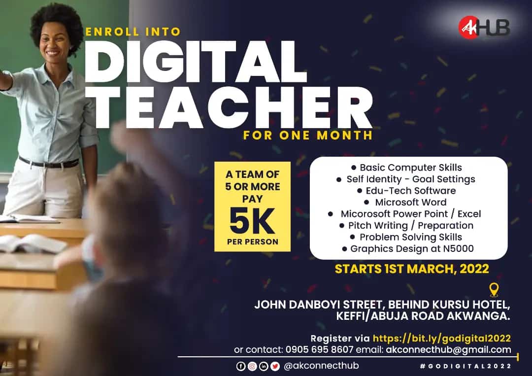 peacekpaba's tweet photo. Come to Go-Digital with us at AKCONNECTHUB
Where we train you to the skills that will empower you with relevance in any part of the world.
With as low as 5,000 naira, you get these profitable digital skills👇 that will position you to be a boss.
#GoDigitalChallenge https://t.co/Q7VrsfBkdK