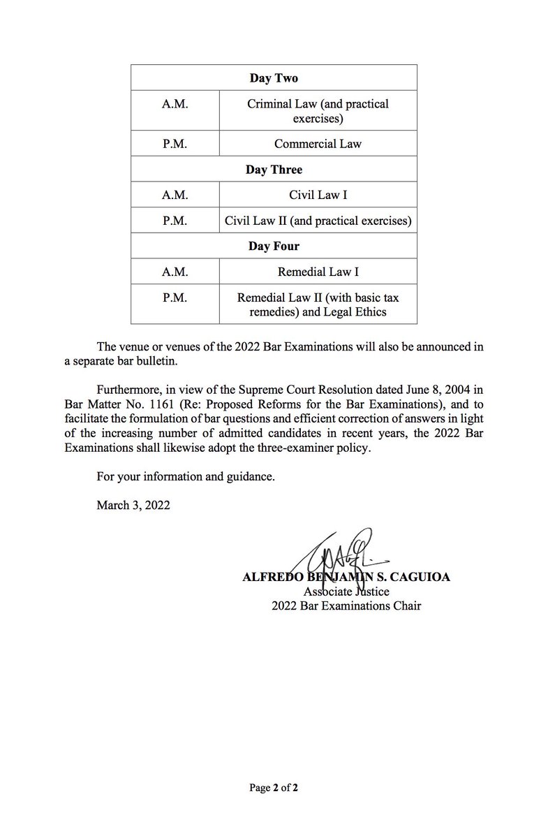 SCPh_PIO's tweet photo. 2022 Bar Examinations Chair Associate Justice Alfredo Benjamin S. Caguioa gives his message and releases the coverage and schedule of the 2022 Bar Examinations #GetThatBar2022 #Bar2022
READ: Bar Bulletin No. 1 https://t.co/GyAecTUoGu
Bar Bulletin No. 2 https://t.co/BsgVliTbRC https://t.co/bzhrvbGXMi