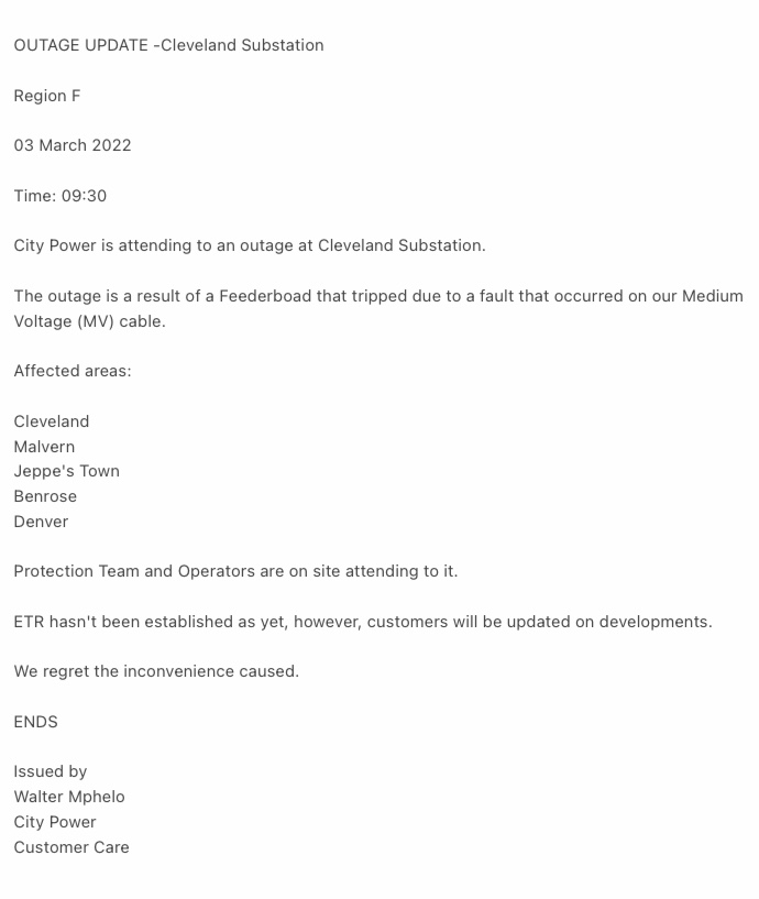 CityPowerJhb's tweet photo. #ClevelandOutage
#JoburgUpdates
City Power is attending to an outage at Cleveland Substation. ^IL https://t.co/t3gsLYVe62