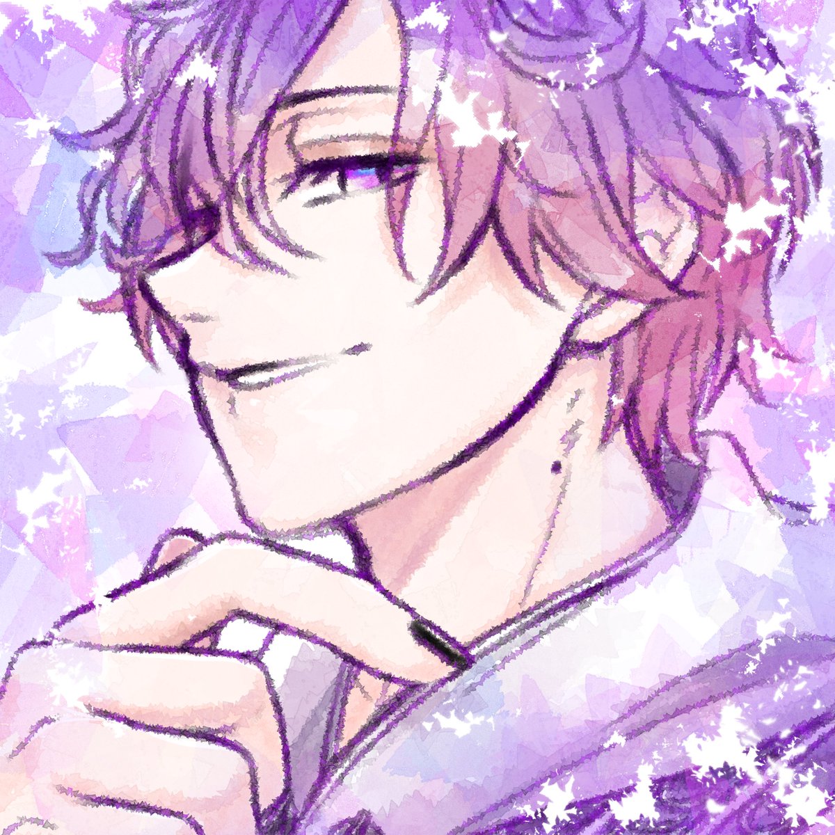 1boy male focus purple eyes solo purple hair mole on neck looking at viewer  illustration images