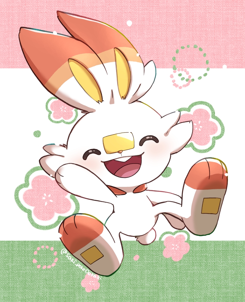 scorbunny no humans closed eyes pokemon (creature) open mouth smile tongue solo  illustration images