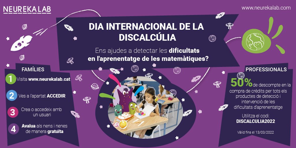 🧠Dia internacional de la #discalcúlia🧠

👉Desde NeurekaLAB volem ajudar a detectar les dificultats en l'aprenentatge de les matemàtiques. 

#discalcúlia #dificultatsmatematiques #reeducació #dificultatsdaprenentatge #discalculia 
⬇️