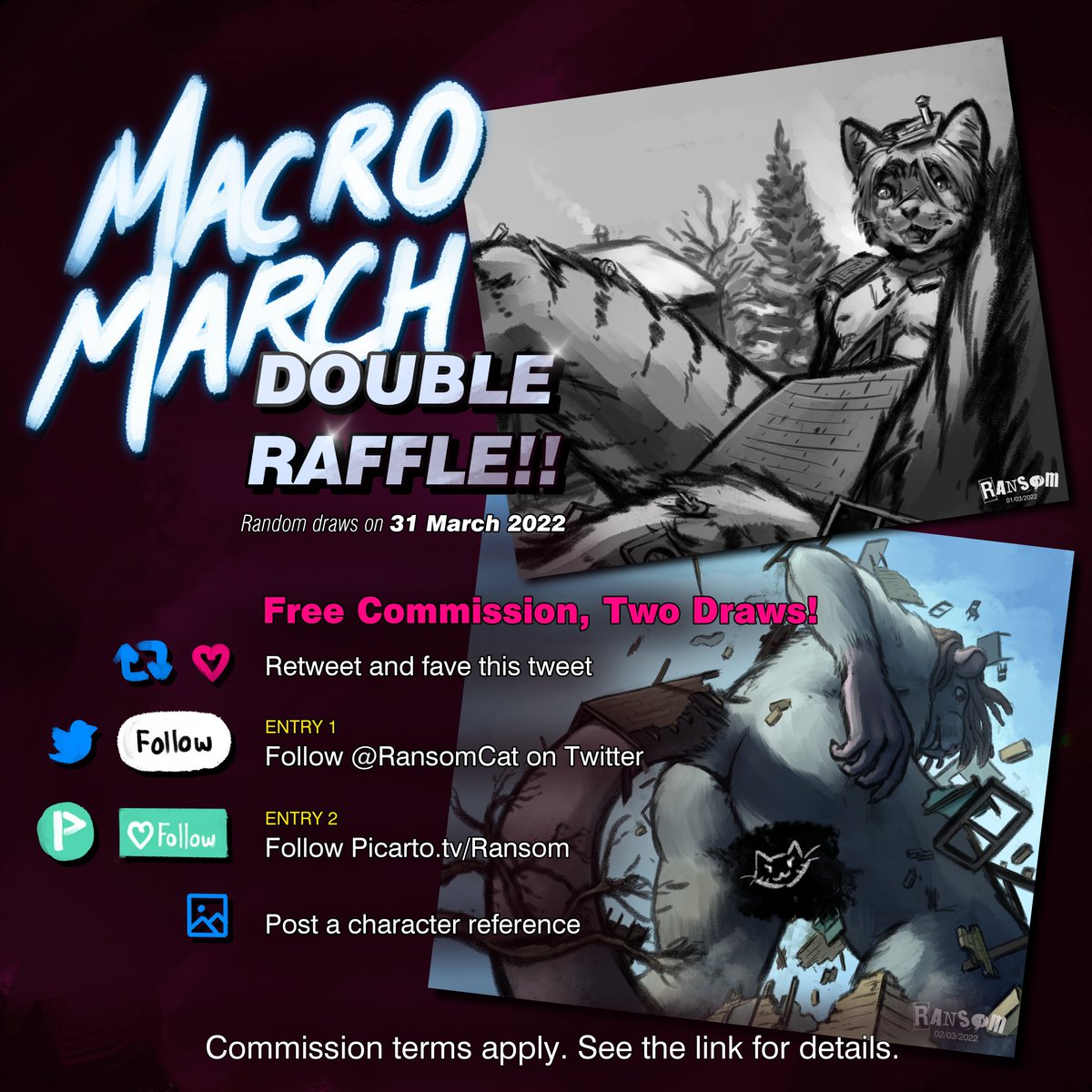 RansomCat's tweet image. #MacroMarch Double Raffle!!

I'm nearing 1000 followers on here and 100 on Picarto. I wanna push it over the top; I'm giving away two coms!

1. RT and ❤️ this
2. Follow @RansomCat 
3. Follow picarto.tv/ransom
4. Post a ref

See here for full details: furaffinity.net/journal/101500…