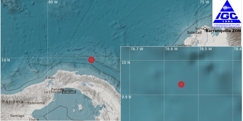 El Instituto de Geociencias de la Universidad de Panamá, Reporta el siguiente evento PRELIMINAR: 
Fecha: 2022-03-03 02:36 Hora local, 
Magnitud:5.0 (MLv), 
Profundidad: 10 km, 
localizado a 53 km de NARGANA O YANTUPU.
