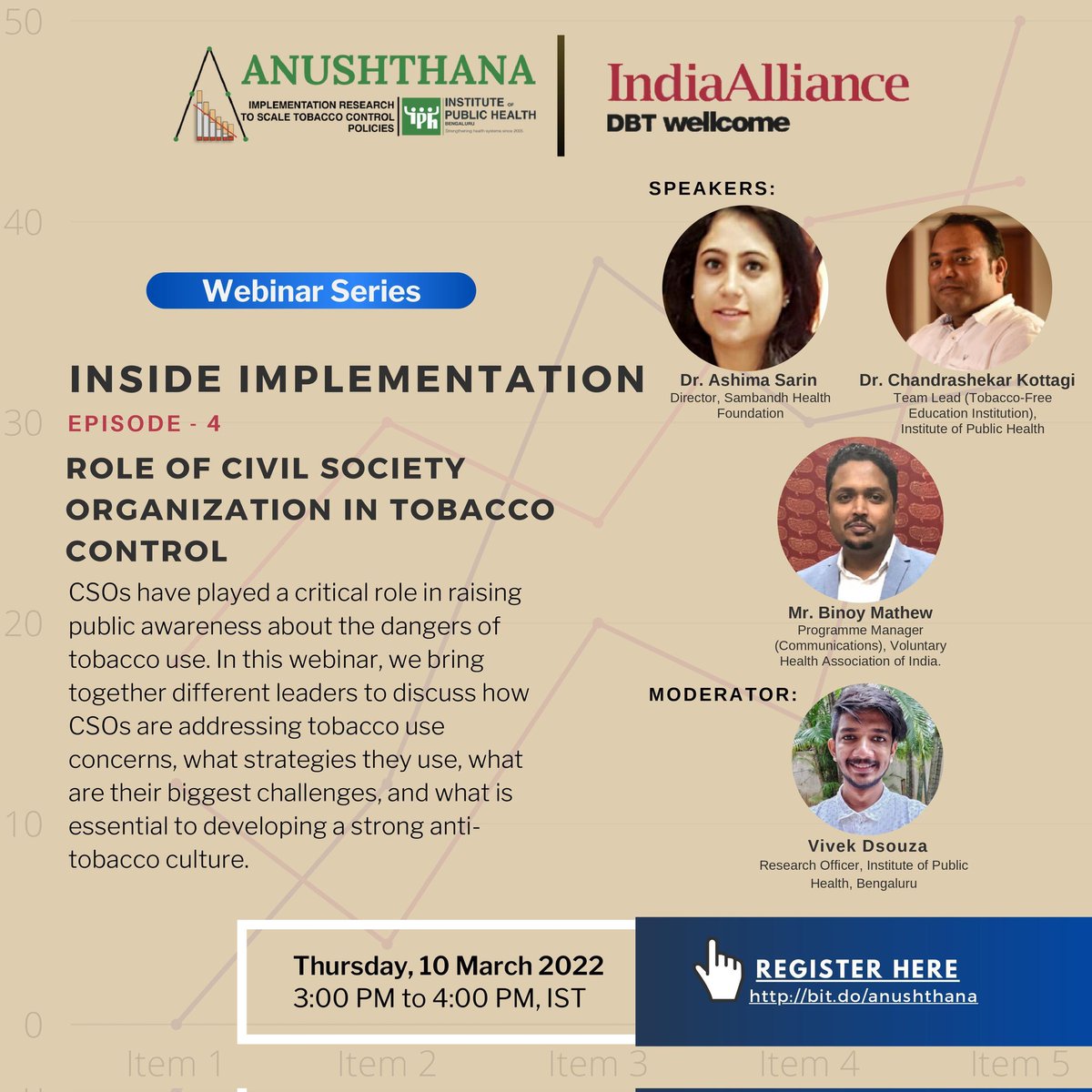 iphindia's tweet photo. 📢 WEBINAR: Dr. Ashima Sarin, Dr. Chandrashekar Kottagi from @iphindia, and Mr. Binoy Mathew will discuss the "Role of civil society and what is needed to strengthen #TobaccoControl laws" in #India in our 4th Episode of #InsideImplementation
Register here: https://t.co/4AvL4jnm5K https://t.co/sMtT1GEWzt
