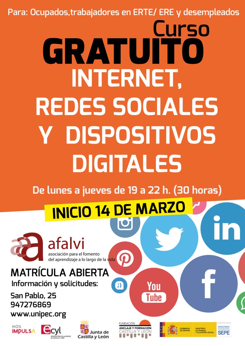 unipecburgos's tweet photo. ¡Ya tenemos fecha de inicio! El 14 de marzo empezamos el curso gratuito Internet, Redes Sociales y dispositivos digitales. Lunes a jueves de 19:00 a 22:00 (30 horas). Más información en 947276869. #AFALVI #Internet #rrss #dispositivosdigitales https://t.co/kjvD4jrSLY