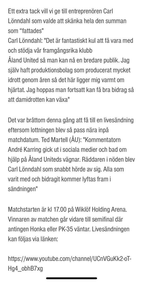 We’re streaming the cup quarter final on saturday!! A special thank you to Carl Lönndahl for making it possible financially 🙏🏻 the great commentator <a href="/andrekarringyao/">André Karring 🤙</a> will be entertaining you through the game together with Ted Martell! Forza Åland! 🇦🇽 link will be shared later on