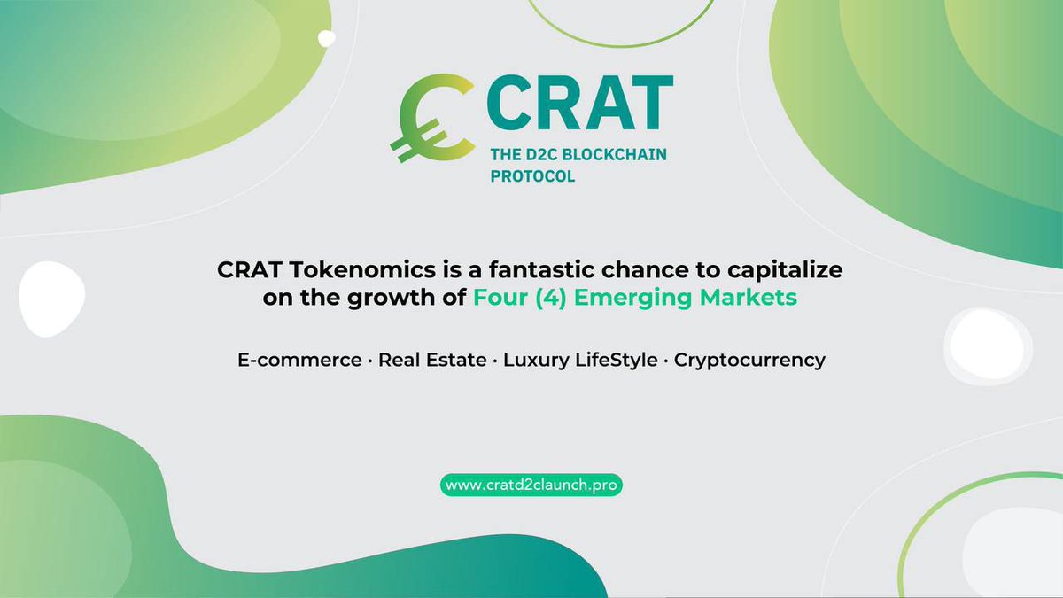 CratD2C's tweet photo. $CRAT Tokenomics is a fantastic chance to capitalize on the growth of four emerging markets; E-commerce, Real Estate, Luxury lifestyle, and Cryptocurrency.

#thursdaymorning #cryptocurrency #blockchain https://t.co/Hj4V7OGpK0