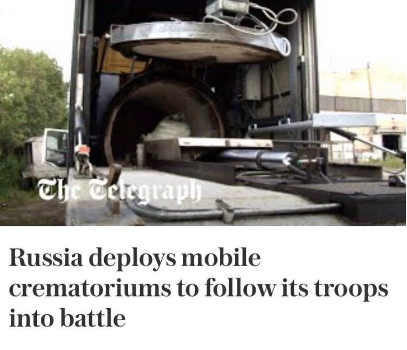 Niente caduti.Niente bare. Per dire che l’invincibile esercito russo avanza e non ha morti. Ci sono però forni crematori mobili per far sparire i soldati che perdono la vita . Pedine del progetto criminale di #Putin senza pietà anche  per chi combatte e muore ai suoi ordini