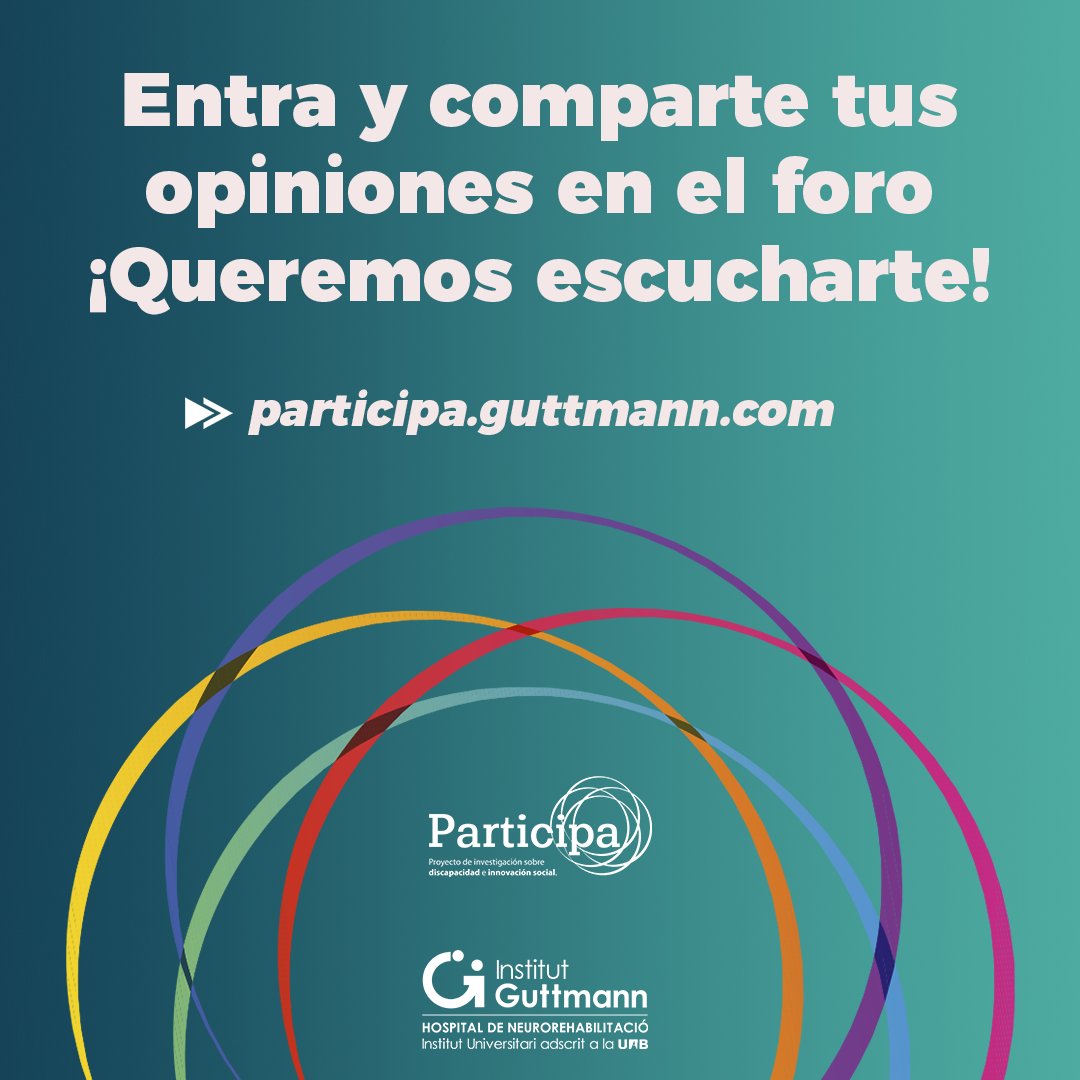 IGuttmann's tweet photo. 🗣️¿Tienes una discapacidad y quieres compartir tus opiniones, dudas y experiencias sobre vivienda, movilidad, ocio, ocupación o relaciones interpersonales?
¡Entra en el foro del proyecto PARTICIPA y cuéntanoslo!
➡️https://t.co/Z4zsmOVZBS
#participaig #institutguttmann #barreras https://t.co/B9eogT6eKJ