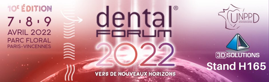 👉3D Solutions exposera au salon Dental Forum

L'équipe 3D Solutions sera ravie de vous retrouver sur ce salon dédié aux prothésistes dentaires !

📅du 7 au 9 avril 2022
🗺️Parc Floral de Paris Vincennes
👀Stand H165

Pour plus d'informations cliquez-ici : 3dsolutions.fr/actualites/3d-…