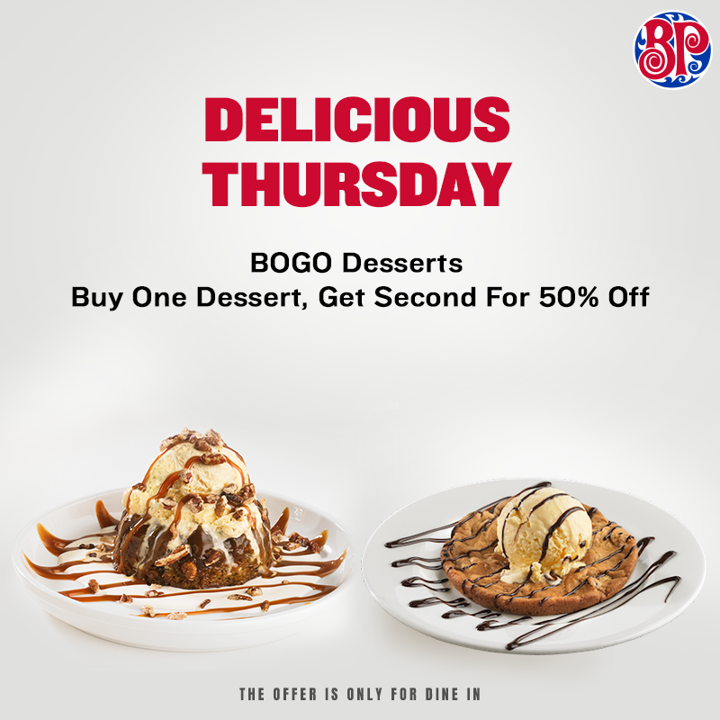 We’re sweetening your Thursdays! Yes, visit us and buy one #Dessert and get 50% off on the second one. Visit us to enjoy. #BPRestaurantandSportsBar #DeliciousThursday
