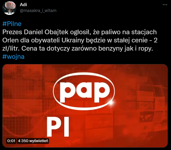 wjakobik's tweet photo. Uwaga! Jest kolejna dezinformacja o rynku paliw w Polsce jakoby Orlen obiecał paliwo po 2 zł za litr dla każdego Ukraińca. Ruska propaganda chce by Polacy znienawidzili uchodźców i walczyli z nimi o zasoby jak zwierzęta.

3S: spokój, sankcje, solidarność https://t.co/c7Fcs5k4RB