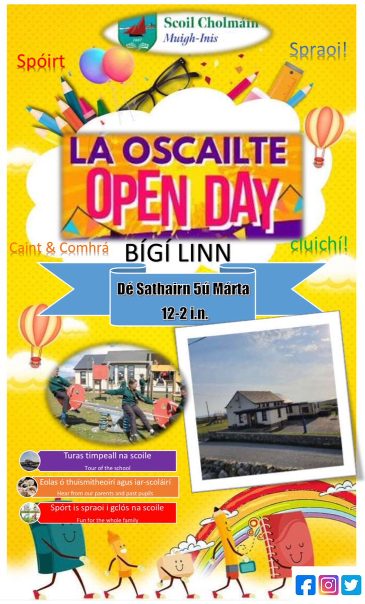 Tá Lá Oscailte eagraithe ag tuismitheoirí na scoile agus ba mhaith leo cuireadh a thabhairt do thuismitheoirí agus do ghasúir ag an ócáid ar an Satharn, an 5 Márta ón 12-2i.n. Neart cluichí, spórt agus spraoi ar an lá. Ag súil go mór le sibh a fheicéal. Bígí linn!🏫🎨⚽️🧩🤹‍♀️🪁🏸⛹️‍♀️