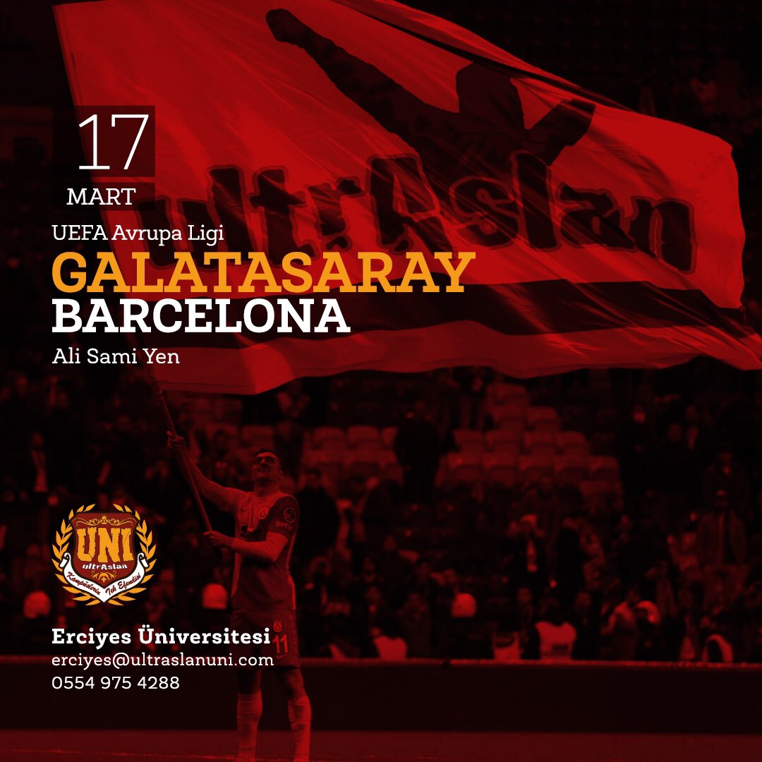 Galatasarayımızı Barcelona maçında yalnız bırakmıyoruz! Kontenjanımız sınırlı olup iletişim numaramızdan bilgi alabilirsiniz.
#uAUNIErciyes
#ultrAslanUNI