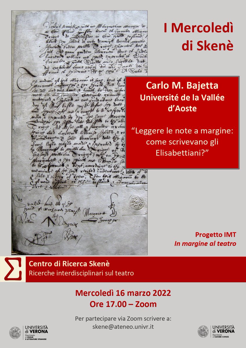 Skenejournal's tweet image. It's a pleasure to advertise Prof. Carlo M. Bajetta's (@MBajets) online seminar 'Leggere le note a margine: come scrivevano gli Elisabettiani?', March 16, 5 pm (Italian time). To participate, please write an email to skene@ateneo.univr.it #marginalia #Elizabethan #palaeography