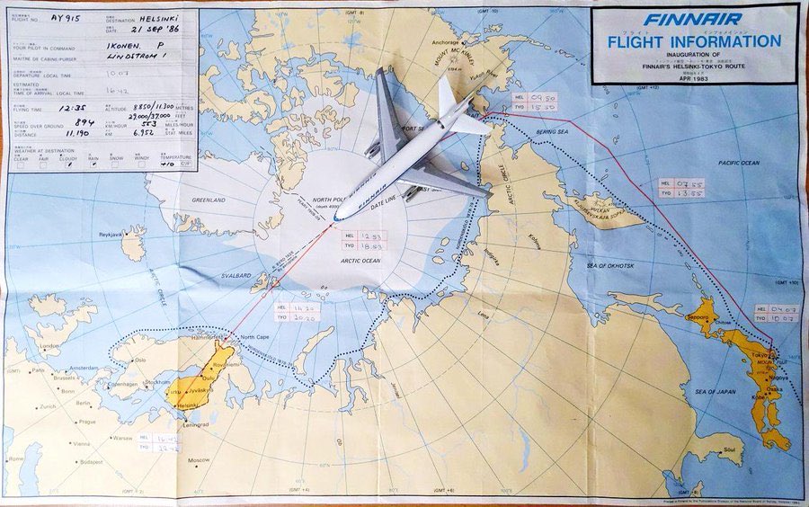 TopiManner's tweet photo. Some #aviation nostalgia. Flight path of ⁦@Finnair⁩ Helsinki-Tokyo service when it was inaugurated 36 years ago, back in 1986. 
Yesterday we announced that Tokyo flights will resume on the 9th of March via this or southern route, depending on winds.
#feelfinnair https://t.co/mghSZb0pBF