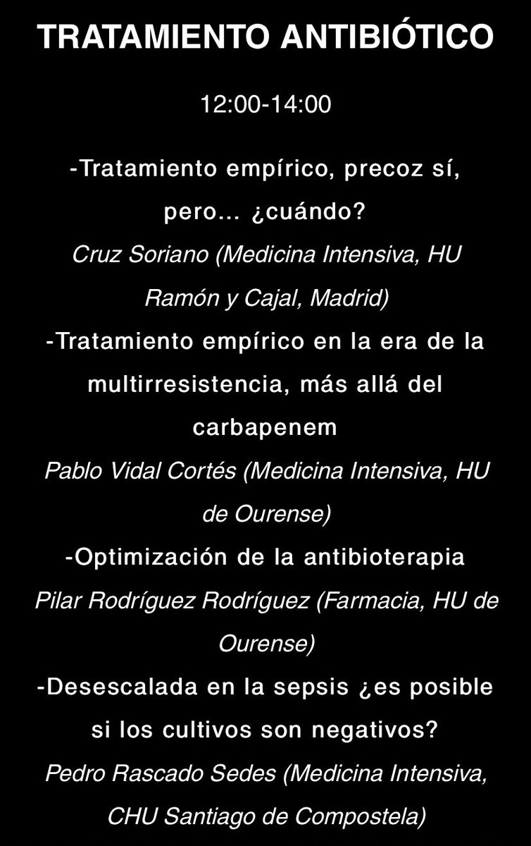 #GalSepsis22. Mesa 3: tto ab, uno de los pilares del tto de la sepsis,cada vez más complejo debido a las resistencias antimicrobianas. Contaremos con <a href="/cruzsori/">Cruz Soriano</a> <a href="/pvidcor/">Pablo Vidal</a> Pilar Rodríguez y <a href="/PedroRascado/">Pedro Rascado</a> Más info: galisepsisourense.wixsite.com/website