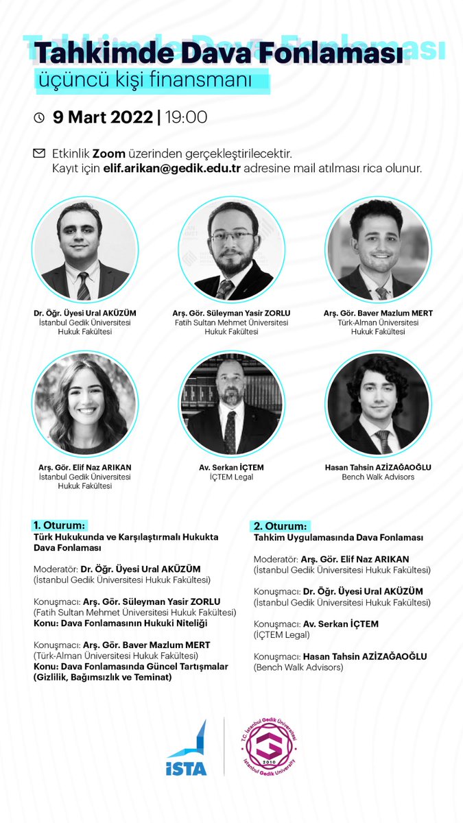 📢 Tahkimde Dava Fonlaması
📅 9 Mart #Çarşamba 🕞 19.00
💬 Konuşmacılar: <a href="/uralakuzum/">uralakuzum</a>, Süleyman Yasir Zorlu, Baver Mazlum Mert, <a href="/ElifNazARIKAN/">Elif Naz Němec</a>, <a href="/SerkanIctem/">Serkan İçtem</a>, <a href="/htazizagaoglu/">Dr. Hasan Tahsin Azizagaoglu</a>
✅ Düzenleyen: <a href="/ISTAtahkim/">İSTA</a>
✏️ Kayıt:  elif.arikan@gedik.edu.tr
📨 Telegram'dayız: t.me/turkiyehukukorg