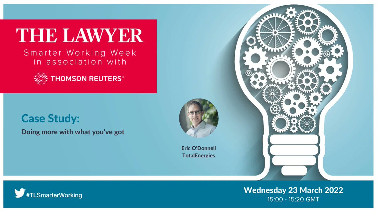 Join us for #TLSmarterWorking Case Studies on 23rd March, 3-4pm! The first will feature Eric O'Donnell,, Head of Legal Oops, Total on doing more with what you've got.

Register for this free session of three case studies here: buff.ly/3scc7xc