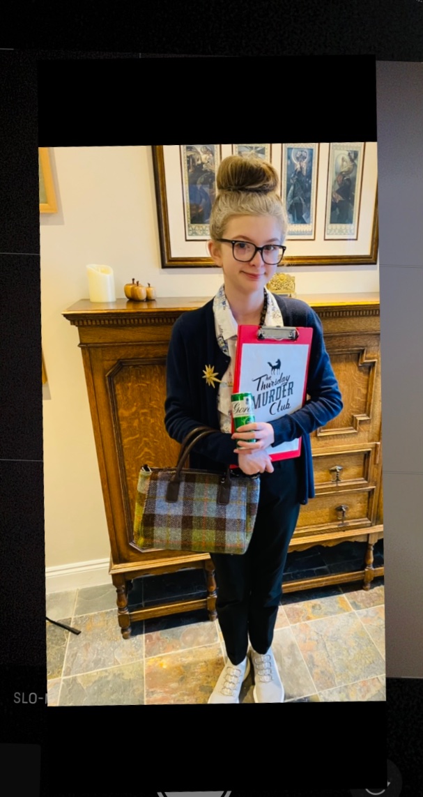 #worldbookday costume - meet Joyce Meadowcroft, off to solve crimes. Thank you @richardosman for creating her. (That G & T can is fine isn’t it? Yeah. It’s fine) #thursdaymurderclub