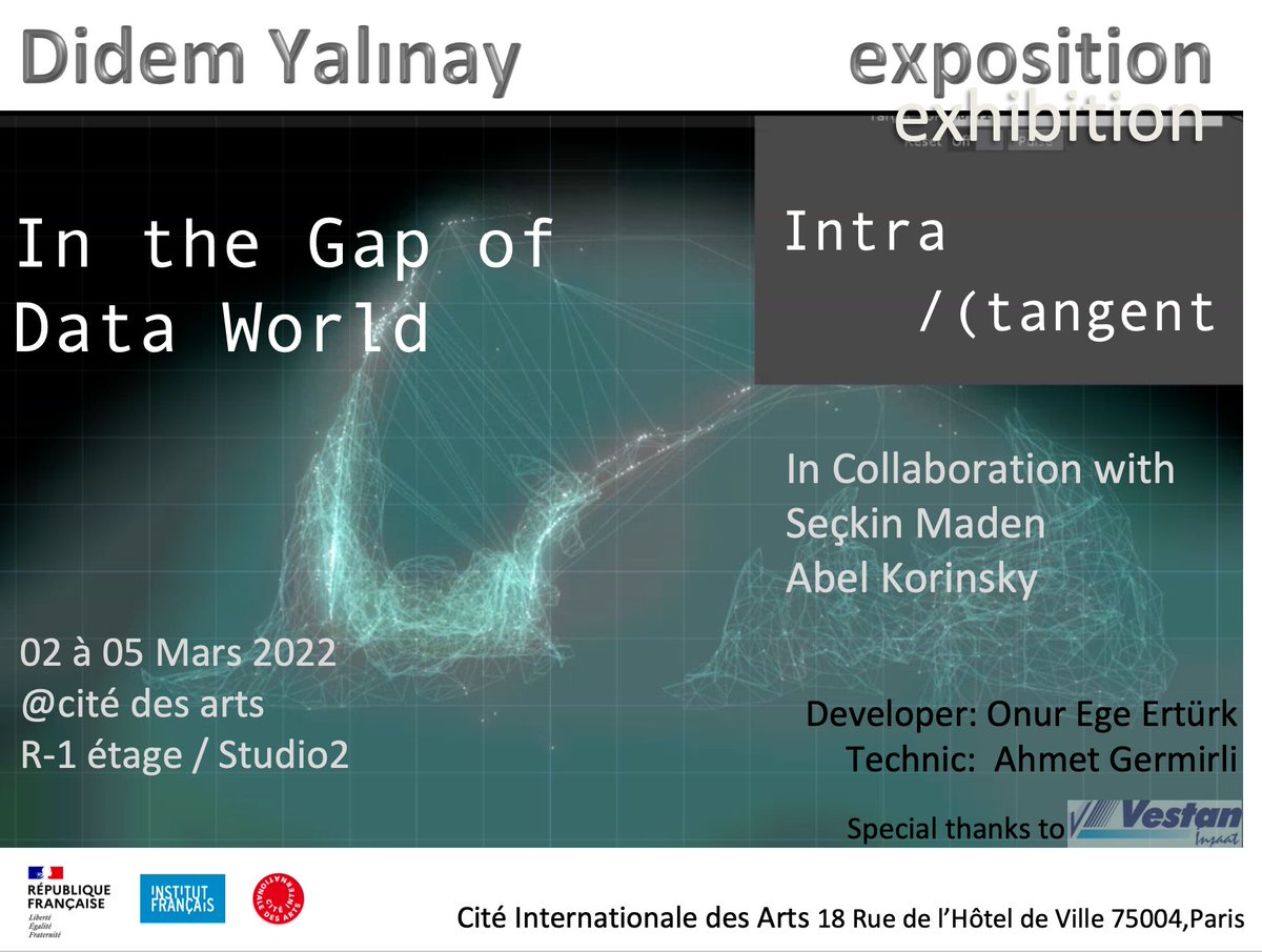 📆 [2/2] Hébergée du 2 au 5 mars au sein du Studio 2 de la <a href="/citedesarts/">Cité internationale des arts</a>, l’exposition "In the Gap of Data World" est l’une des étapes de travail d’un projet artistique développé sur le long terme.
-
➡️bit.ly/349btZi