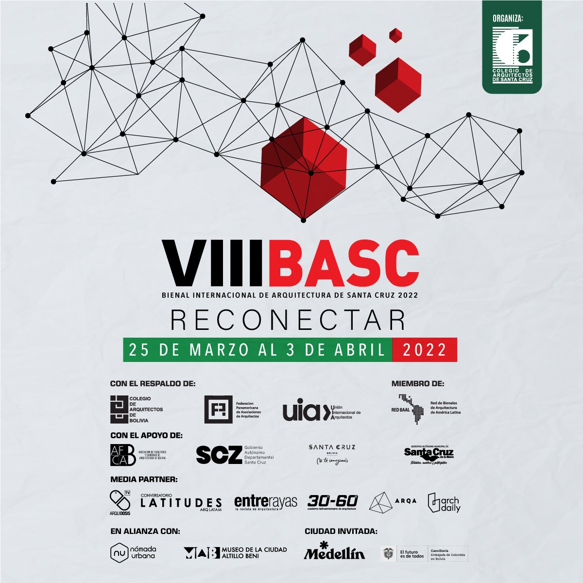 basc2020's tweet photo. ¡Reconectémonos! Es tiempo de volver a crear y admirar la arquitectura; de planificar las ciudades y nuestros hogares; es hora de revitalizarnos.
✔️ BASC 2022
📆 Del 25 de marzo al 10 de abril de 2022
📱 Ver más en https://t.co/P9g8dlZkRg
#BienalSCZ #BASC2022 #Bolivia #SantaCruz https://t.co/6j4fRi6B6W