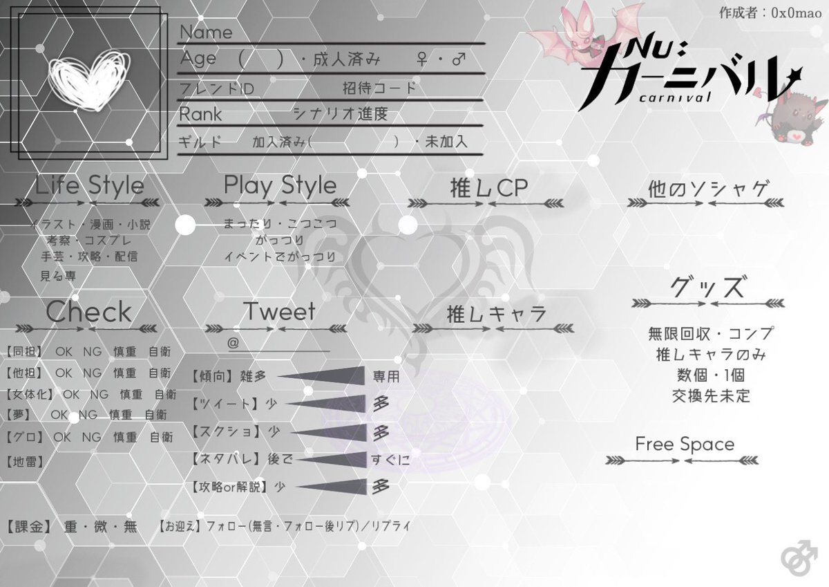 ぬ🦀仲間のﾌﾟﾛﾌｨｰﾙ見たい衝動で作りました❕ 加工自由／自作発言