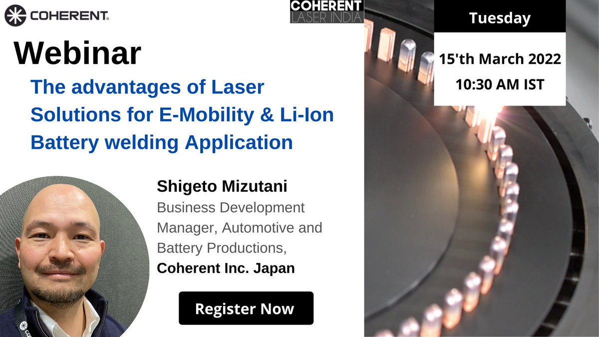 India is ready for EV-Battery Cell Manufacturing;

Join the webinar to know "The advantages of Laser Solutions for E-Mobility &amp; Li-Ion Battery welding Application"

Speaker : Shigeto Mizutani

👉 Registration: lnkd.in/geF8defW
 
📅 Tuesday, March 15
🕑 10:30 AM IST