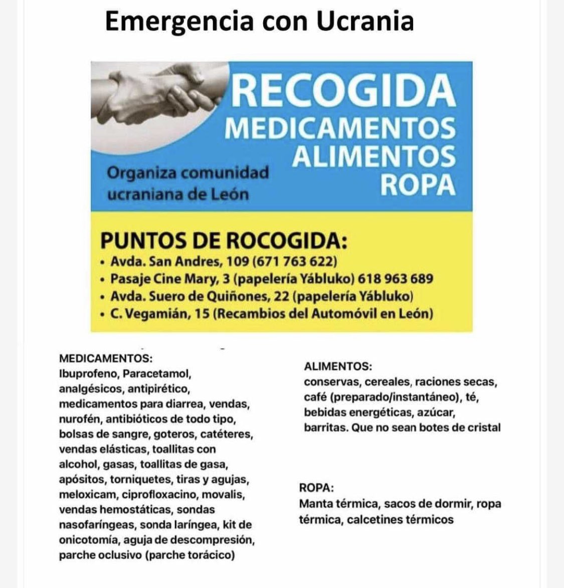 🇺🇦🇺🇦 TODOS CON UCRANIA 🇺🇦🇺🇦
Desde ayer estamos recogiendo medicamentos, alimentos y ropa que haremos llegar a los puntos de recogida en León.
Muchas gracias a Farmacia San Miguel que nos ha donado caja llena de medicamentos y a todas las familias.
#juntossomosmasfuertes