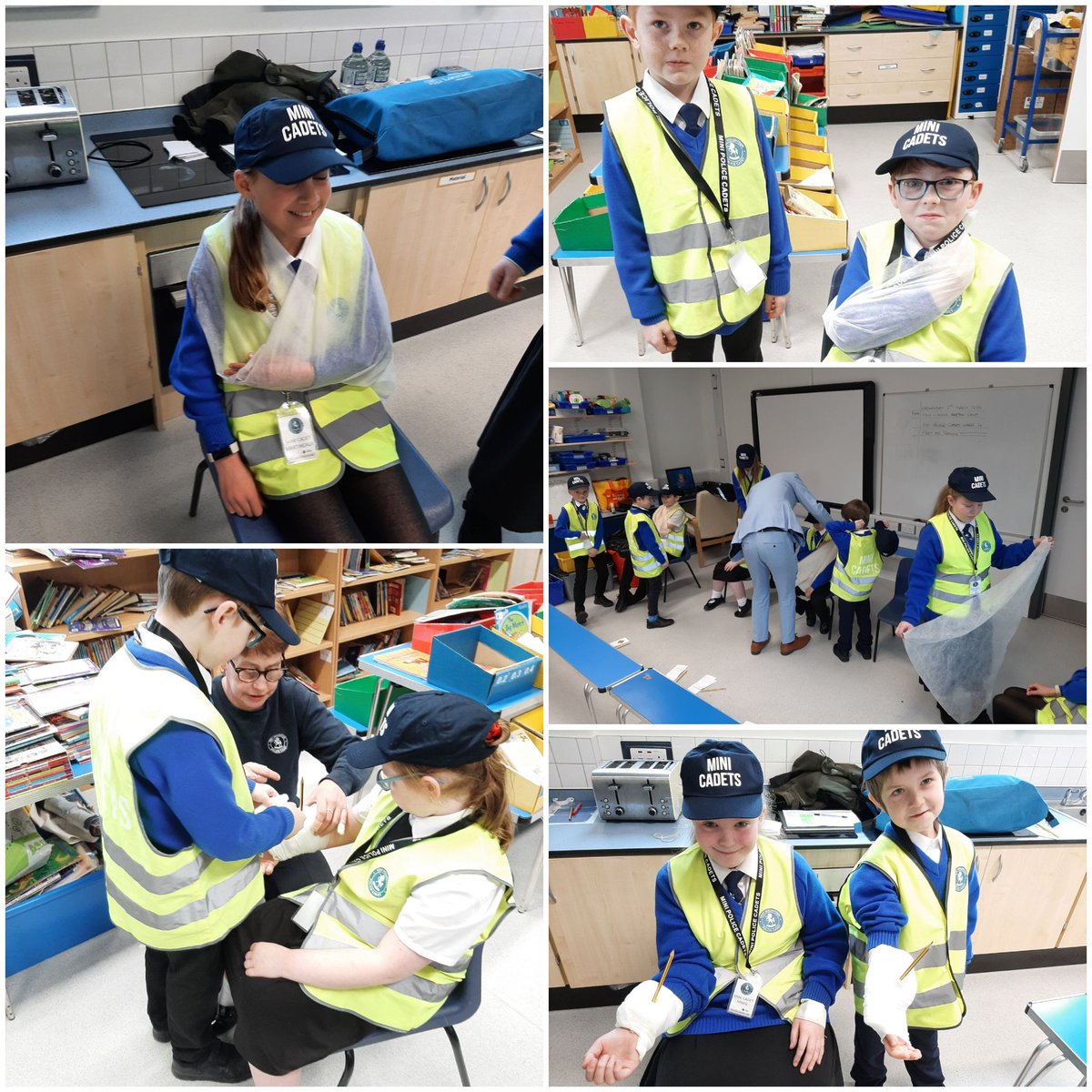KentPoliceDover's tweet photo. #MiniPoliceCadets at #BartonJuniorSchool were this week shown basic First Aid by #YouthEngagementOfficer Mark Ball. #Cadets demonstrated how to apply an arm sling and how to treat a casualty with a bleed, including embedded object. #veryproud https://t.co/e8ZIushryR