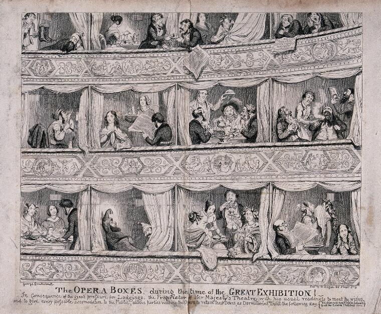 Operatunity1's tweet image. Feeling really at home, at the opera...
'People living in opera boxes and using them as hotels during the Great Exhibition in London. Etching by George Cruikshank, 1851.'
Credit: Wellcome Collection.