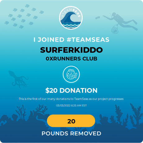 0xRunners's tweet photo. No matter how small it is, we are making a big difference. Our first of many donation to #TeamSeas as our project progresses. Amount will be increased along the way. Join us and help us make a difference. 

#NFT #NFTCommunity #nftcollectors #metaverse #GreenChipNFT #SaveTheSeas https://t.co/xfsGuC1olr