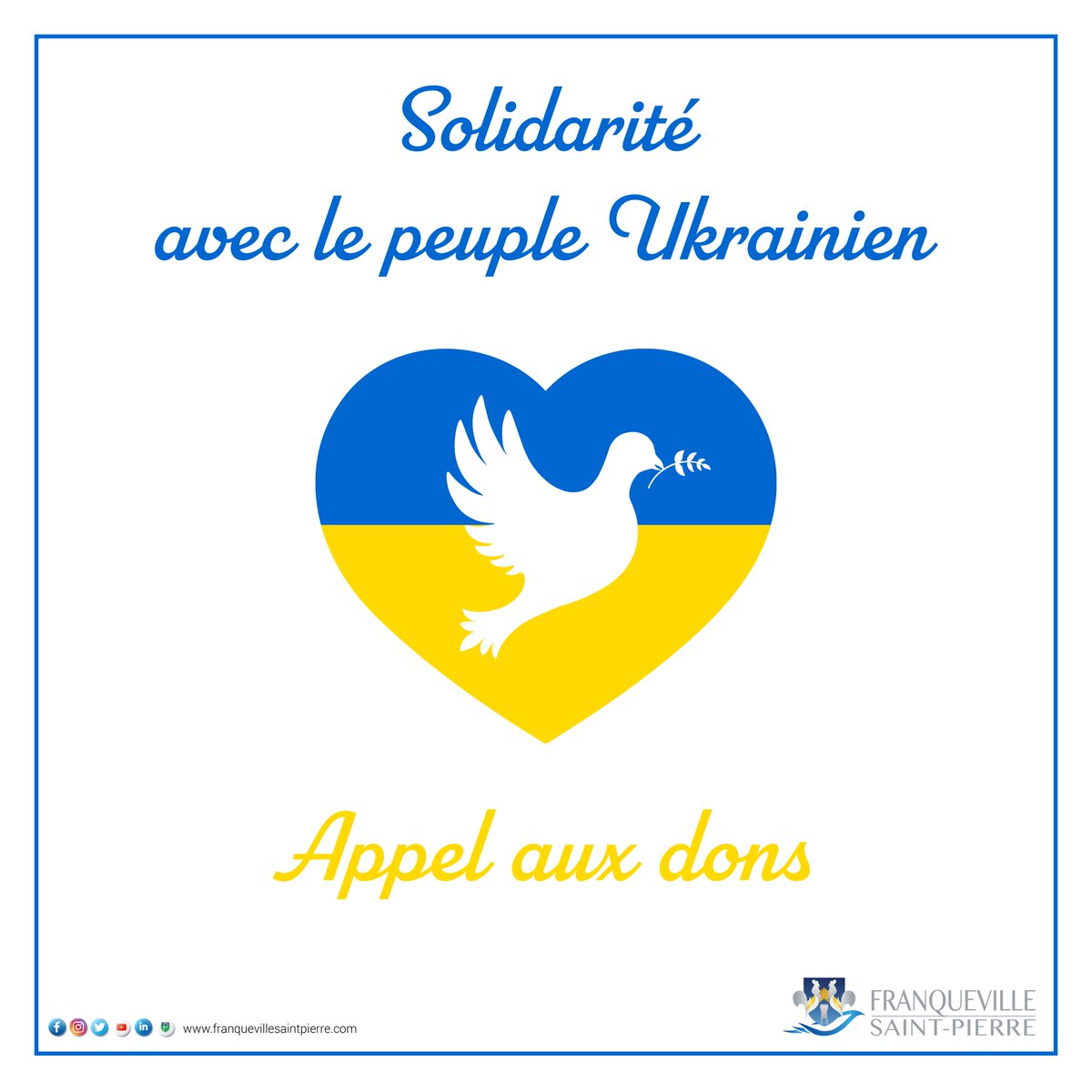 FSP76520's tweet photo. Face à la situation de crise qui frappe l’Ukraine, la Ville de Franqueville-Saint-Pierre s’associe à l’appel commun de l’Association des Maires de France et de la Protection Civile de solidarité nationale pour soutenir le peuple ukrainien. https://t.co/DesvdMR8bI
#ukraine #dons https://t.co/JHdfg3A39S