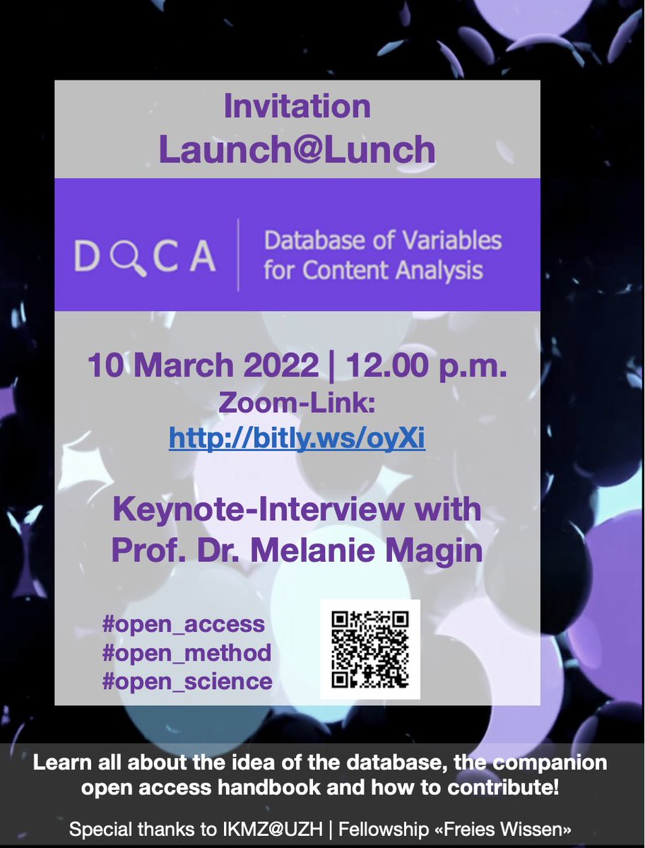 📢 On March 10 (12.00p.m., 1h), we are launching 🚀the "Database of Variables for Content Analysis". 
👉Learn about the idea &amp; the companion handbook
👉Get to know, how to contribute as an author (CfA)
👉Listen to the Keynote-Interview with M. Magin

Join our 1h Zoom event 👇