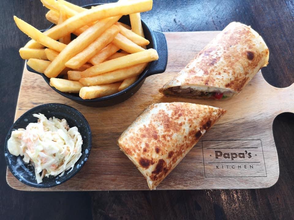 PapasKitchenBKK's tweet photo. Fish Fryday is back at Papa's this Friday! Choose from either our COD or HADDOCK with chips, tartare sauce &amp; malt vinegar for only 289. Or if you fancy sonething a bit different try our 'BAJA FISH TACO WRAP' with fries and coleslaw for only 229. https://t.co/Y6Oekwnhuc