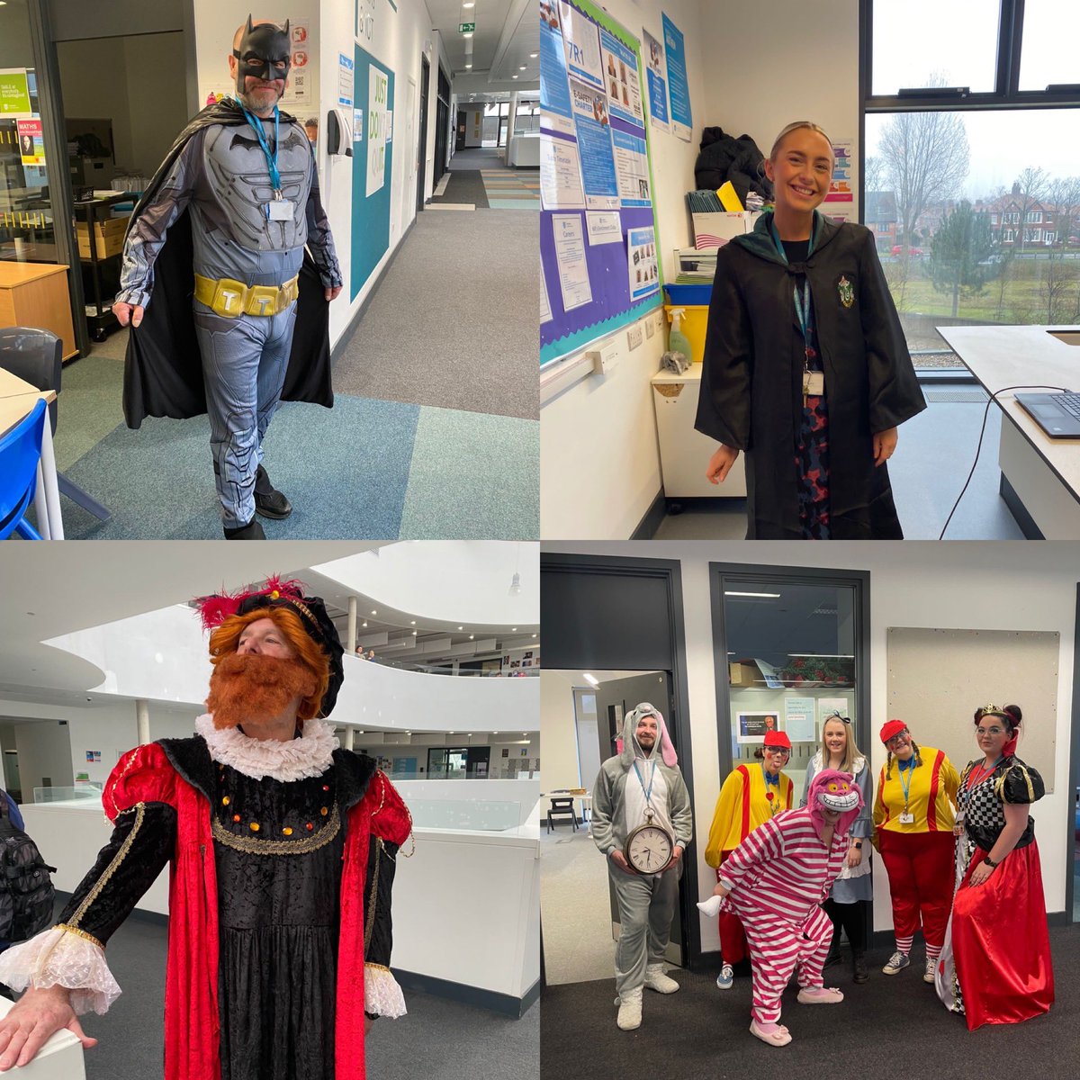HighfieldLA's tweet photo. Staff are in and we have an array of characters walking the corridors - a very interesting mix as part of  #WorldBookDay . I wonder how Batman will get on with mischief of our Hogwarts wizards ! #WeAreStar https://t.co/Ew96jVyGx0