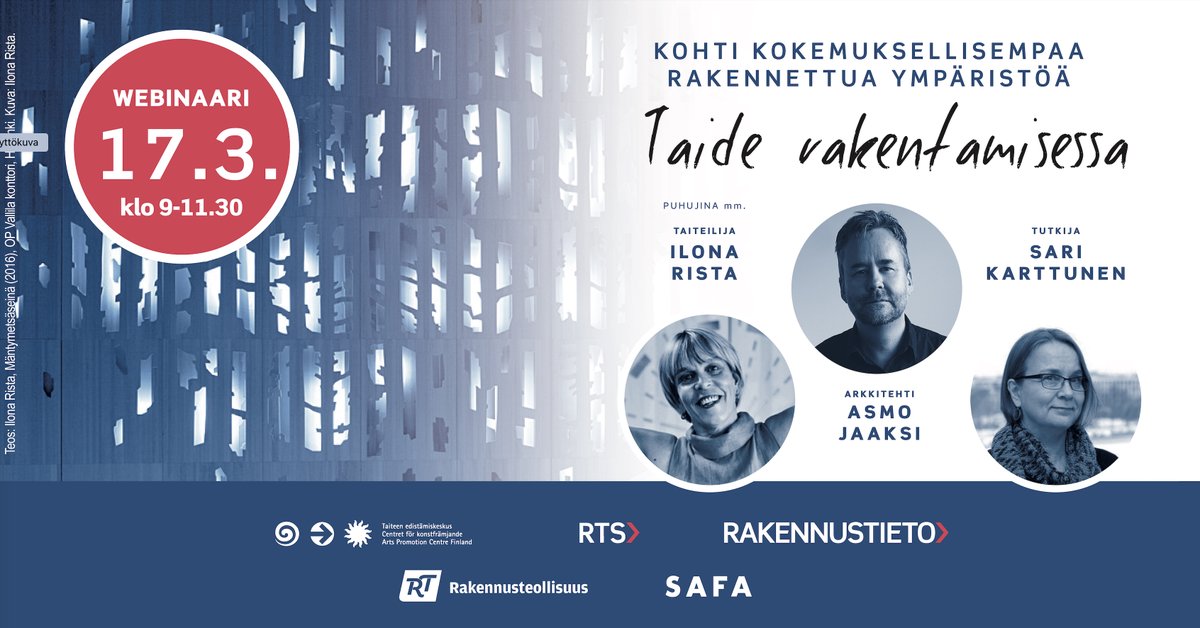 RTryfi's tweet photo. Miten huomioida #taidehanke osana #rakennushanke'tta? Aiheesta keskustellaan Taide rakentamisessa -webinaarissa, jonka @Rakennustieto järjestää yhteistyössä @taiketweet, @SAFA_ry ja @RTryfi kanssa 17.3.2022 klo 9.00–11.30. 

Lisätietoa ja ilmoittautuminen: https://t.co/AgD83OswQd https://t.co/GGER4OEDgy